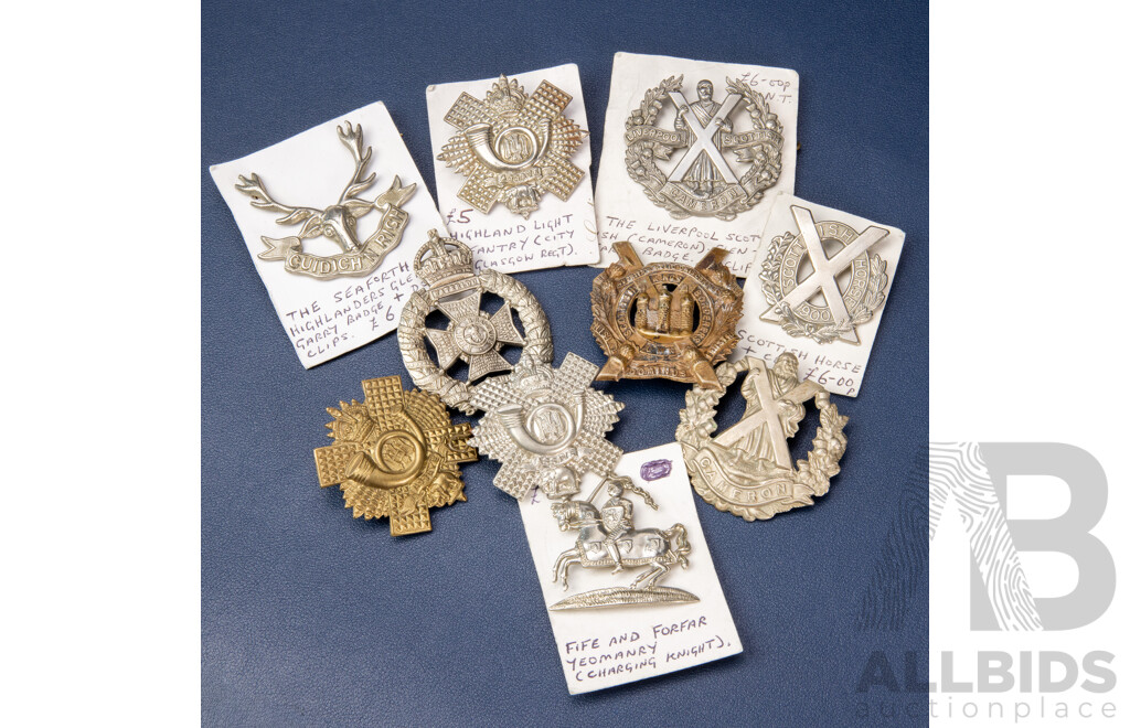 Collection of Scottish and English Military Cap Badges (10 Pieces)
