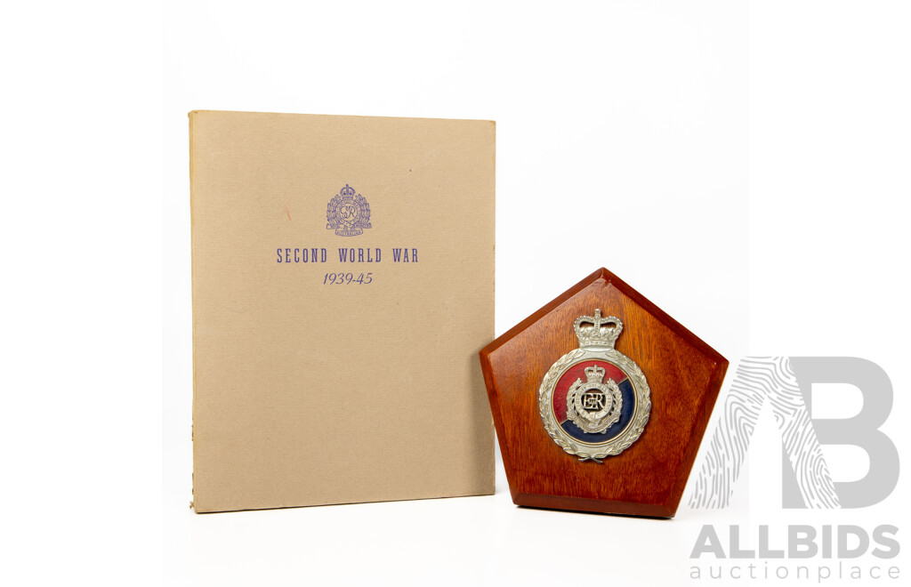 The Corps of Royal Australian Engineers in the Second World War 1939-45 Reference Booklet Alongside Royal Australian Engineers Wooden and Metal Wall Plaque, 17 x 17 cm (plaque) (2)