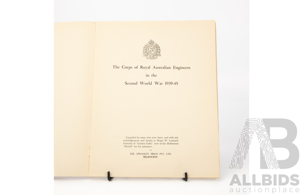 The Corps of Royal Australian Engineers in the Second World War 1939-45 Reference Booklet Alongside Royal Australian Engineers Wooden and Metal Wall Plaque, 17 x 17 cm (plaque) (2)