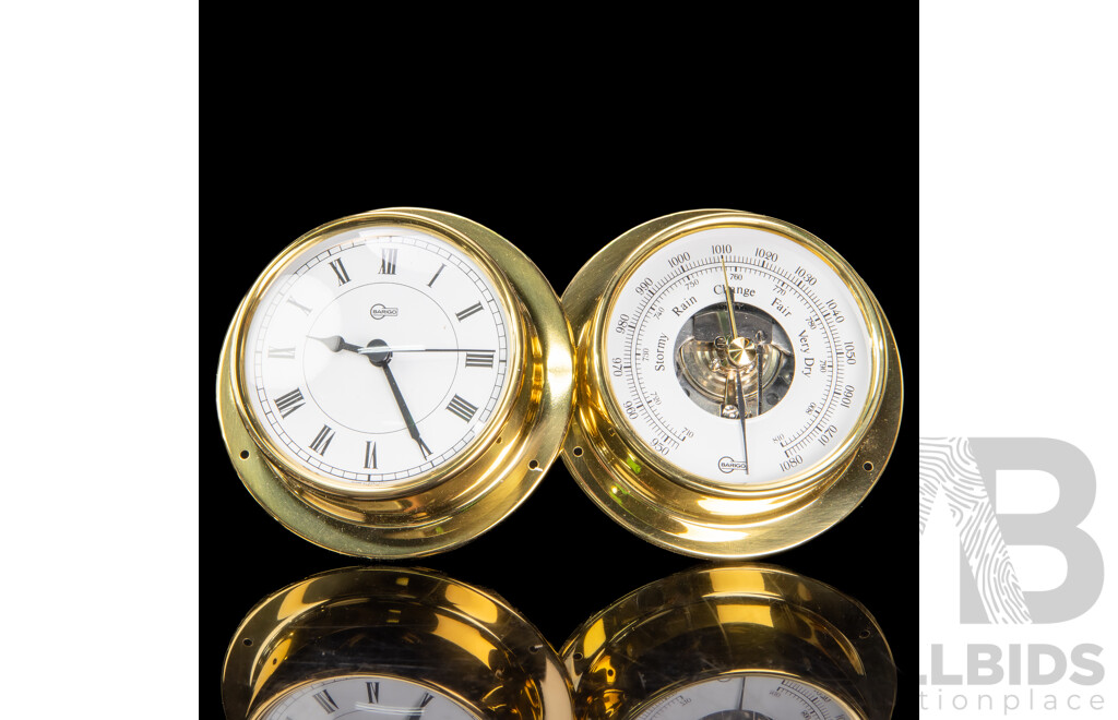 Wonderful German-Made BarigoTempo 683MS Ship's Clock in Polished Brass, Alongside Barigo Tempo Barometer - 11 x 11 cm (approx) (2)