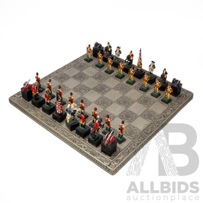 Wonderful Complete Vintage American Revolutionary War Chess Set with Board, 46 x 46 cm (dimensions Board); 10H cm (pieces) (33)