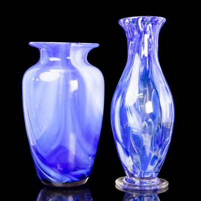 Pair of Large Vintage Malaysian Blue and White Glass Swirl Vases, 47H cm (largest) (2)