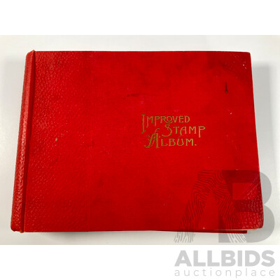 Stanley Gibbons Improved Stamp Album, Eighteenth Edition, Partially Filled, Great Britain Penny Reds, Australian Colonies, France, German Empire, Holland, Japan, USA and More