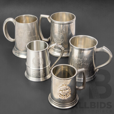 Collection of Five Vintage Engraved Military and Naval Pewter Tankards, Varied Sizes, 14H cm (largest) (5)