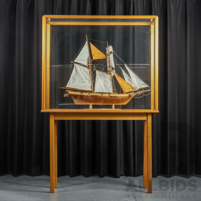 Large Vintage Twin Mast Model Schooner in Glass Display Case on Stand