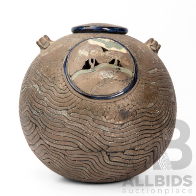 Wonderful Decorative Handcrafted Studio Pottery Lidded Vessel with Interior Cobalt Glaze, 22H cm (approx)