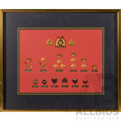 Niicely Framed Shadow Box Display of Varied Royal Canadian Mounted Police Badges, 49 x 57 cm (frame)