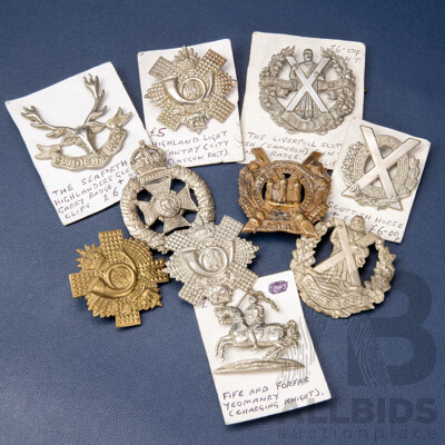 Collection of Scottish and English Military Cap Badges (10 Pieces)