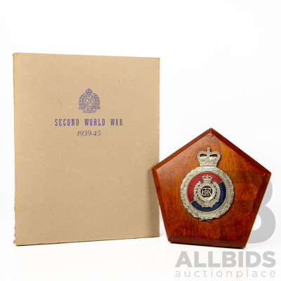The Corps of Royal Australian Engineers in the Second World War 1939-45 Reference Booklet Alongside Royal Australian Engineers Wooden and Metal Wall Plaque, 17 x 17 cm (plaque) (2)