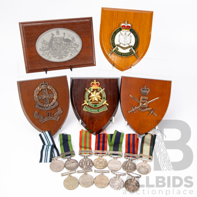 Collection of Five Army Related Wooden Wall Plaques Including One Australian Coat of Arms; and Approx Twelve Varied Military Related Medals (17)