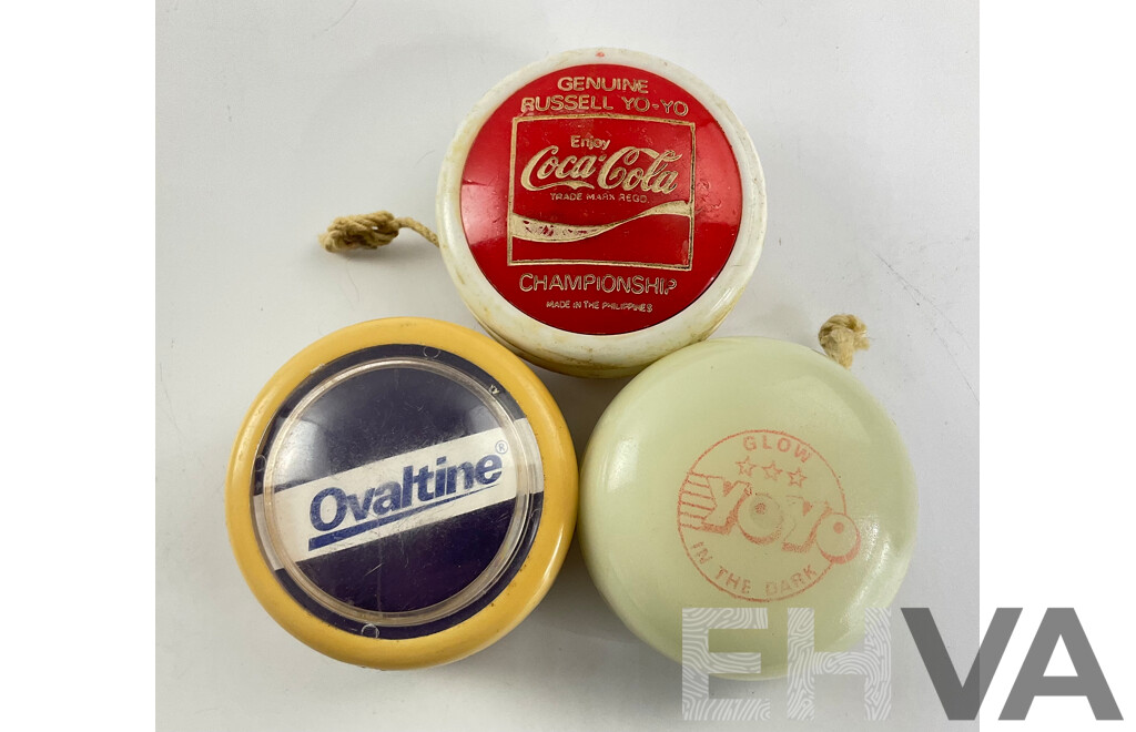 Three Vintage Yo-Yos Including Coca Cola Russell Championship, Ovaltine and  Glow in the Dark