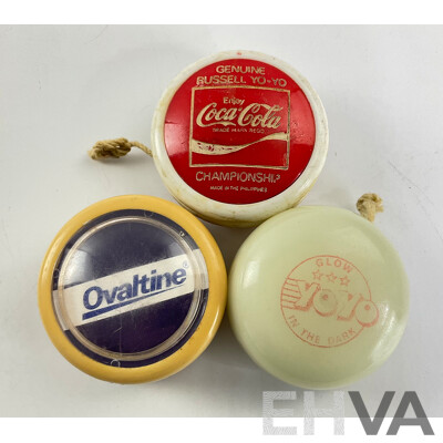 Three Vintage Yo-Yos Including Coca Cola Russell Championship, Ovaltine and  Glow in the Dark