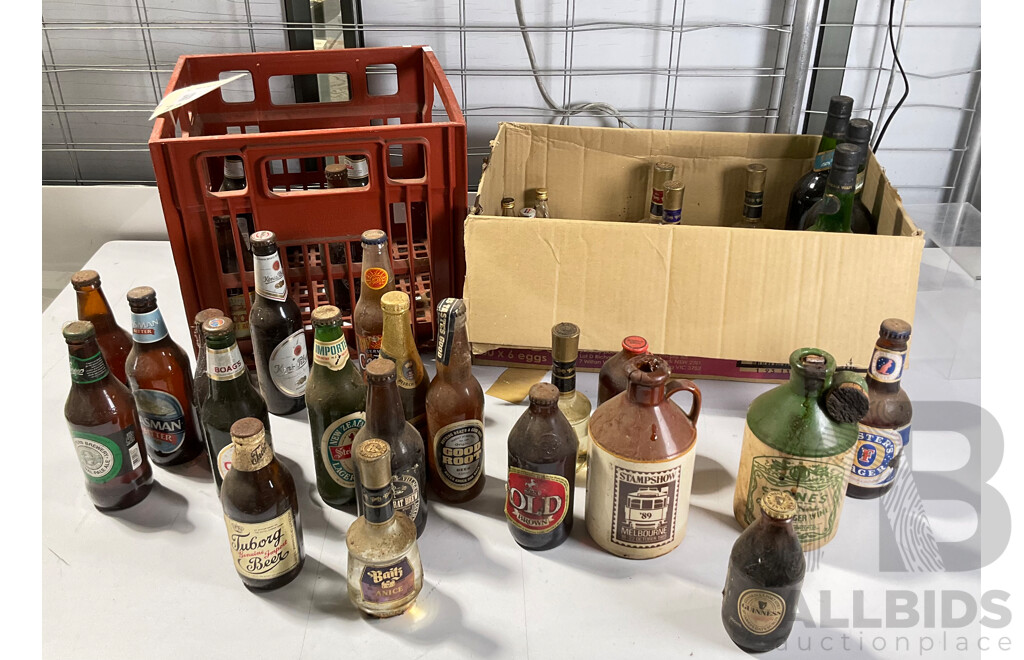 Collection of Vintage Beer and Liquor Bottles Including Brisbane Bitter, Old Ballarat Brew, Guinness Throw Down, Ceramic Stones Ginger Wine and More