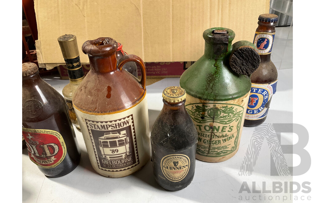 Collection of Vintage Beer and Liquor Bottles Including Brisbane Bitter, Old Ballarat Brew, Guinness Throw Down, Ceramic Stones Ginger Wine and More