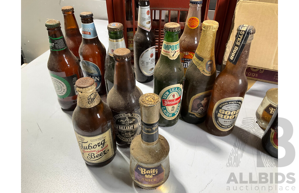 Collection of Vintage Beer and Liquor Bottles Including Brisbane Bitter, Old Ballarat Brew, Guinness Throw Down, Ceramic Stones Ginger Wine and More