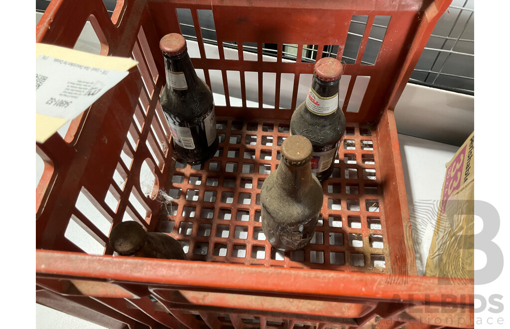 Collection of Vintage Beer and Liquor Bottles Including Brisbane Bitter, Old Ballarat Brew, Guinness Throw Down, Ceramic Stones Ginger Wine and More
