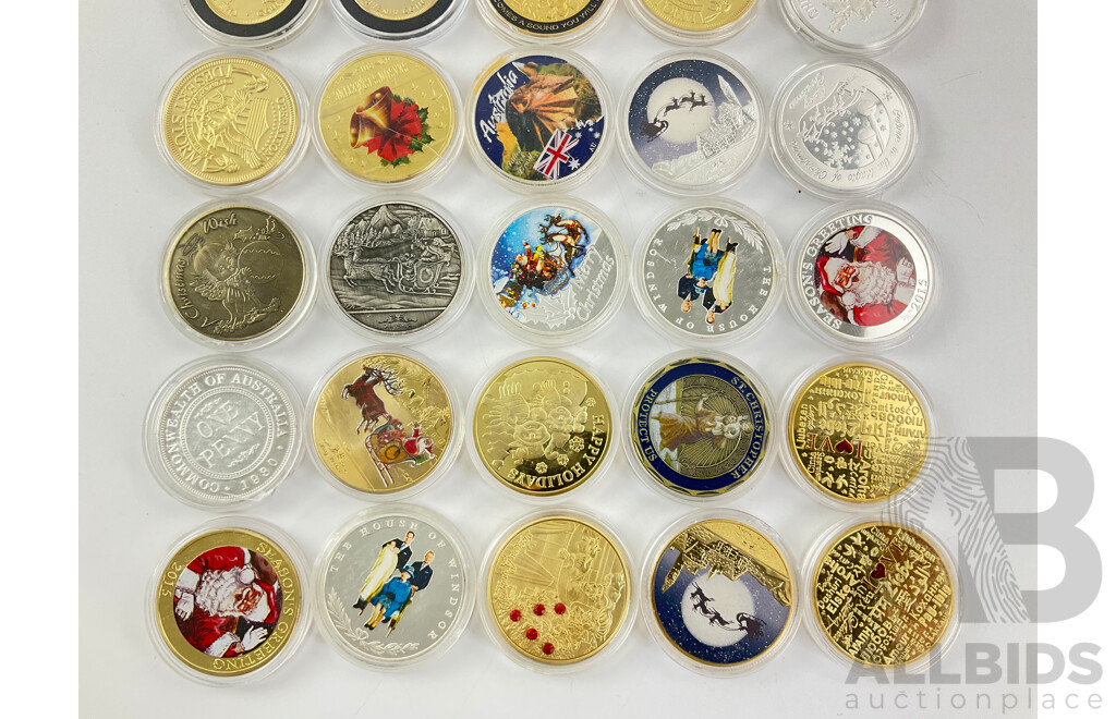 Twenty Seven Gold and Silver Tone Tokens, Coins and Medallions Including Australian 1930 Penny, Christmas Themed, Royal Themed, Military, Religious