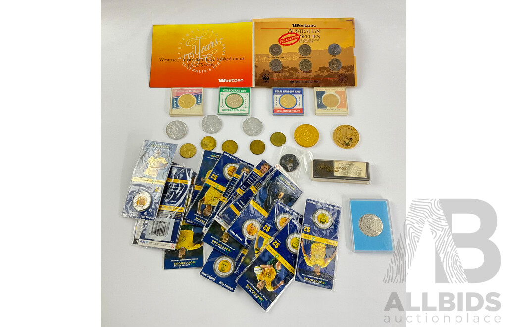 Collection of Commemorative Medallions Including Battle of Britain, Pearl Harbour Raid, French Revolution Melbourne Cup, Australian Endangered Species, Japan Jamboree Pioneer Award, Space Jam and More