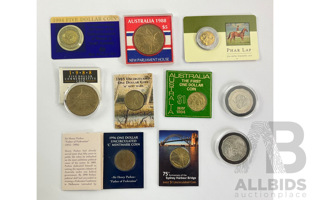 Collection of Australian Commemorative Coins Including Four Five Dollar, 1988 Parliament House(2) 1994 Women's Enfranchisement SA, 2000 Phar Lap, One Dollars 1995 Walzing Matilda M Mint Mark, 2007 Henry Parkes C Mint Mark........