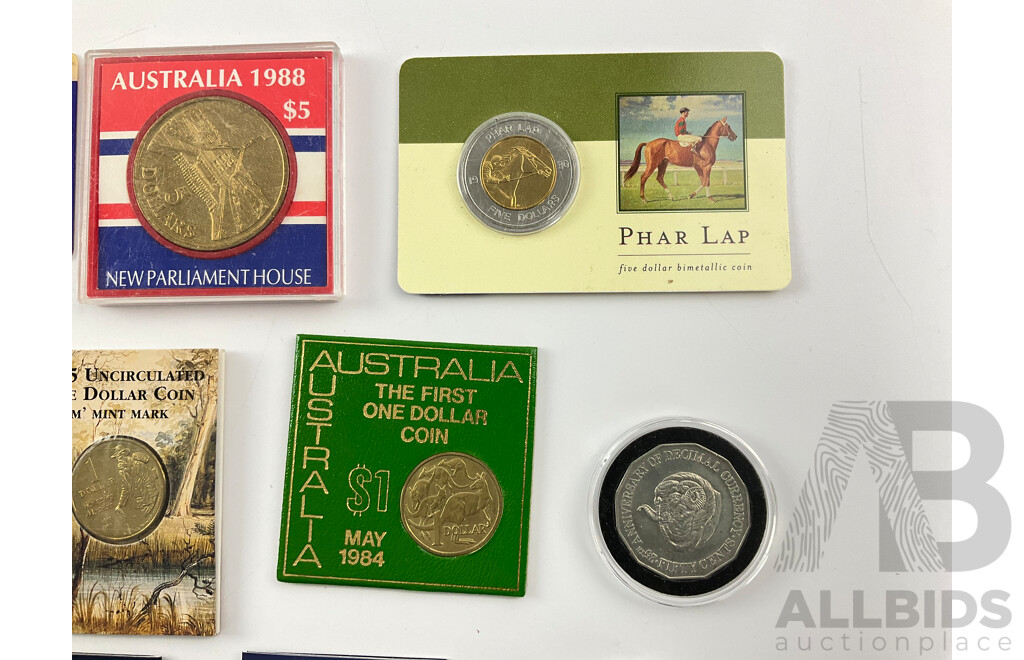 Collection of Australian Commemorative Coins Including Four Five Dollar, 1988 Parliament House(2) 1994 Women's Enfranchisement SA, 2000 Phar Lap, One Dollars 1995 Walzing Matilda M Mint Mark, 2007 Henry Parkes C Mint Mark........