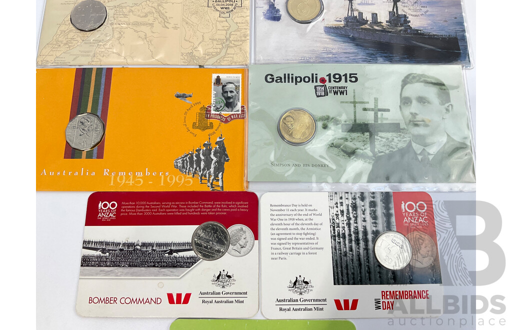 Collection of Australian Military Related PNCs and Coins Including Unlikely War Heroes, Simpson and His Donkey, Centenary of WW1, Royal Australian Navy, Australia Remembers, 100 Years of ANZACS