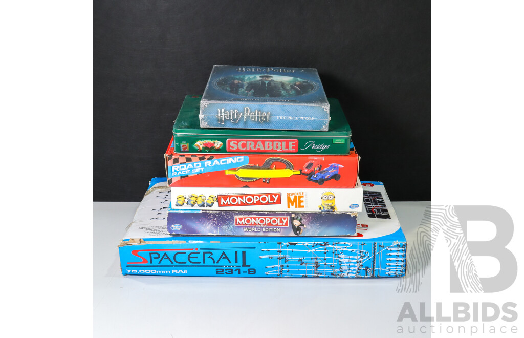 Collection of Boxed Jigsaw Puzzels and Board Games Including Simpsons, Harry Potter, Monopoly, Scrabble, Spacerail, Big Brother, Star Wars, Road Racing Set