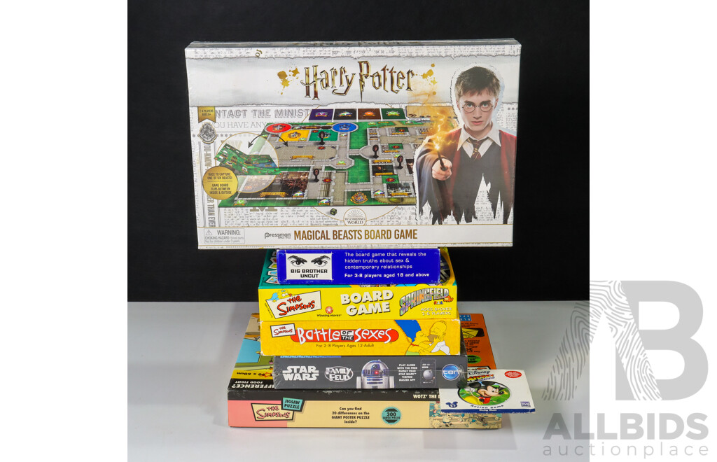 Collection of Boxed Jigsaw Puzzels and Board Games Including Simpsons, Harry Potter, Monopoly, Scrabble, Spacerail, Big Brother, Star Wars, Road Racing Set
