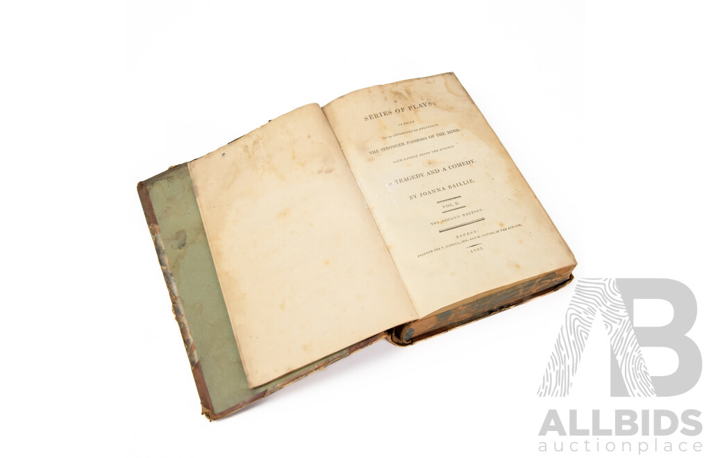 Antique Copy of Baillies's Plays of The Passions- Volume II, Joanna Baillie, Second Edition, T Cadall, 1802