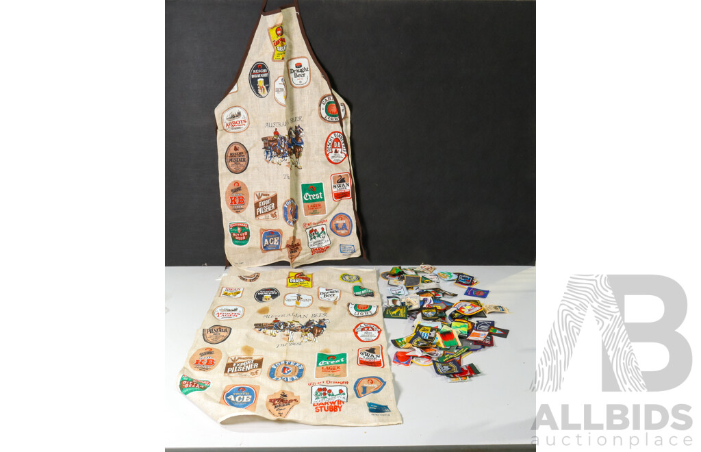 Collection of Vintage Fabric Badges with Australian Beers Tea Towel and Apron