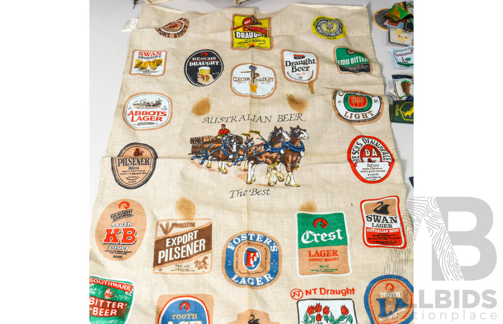 Collection of Vintage Fabric Badges with Australian Beers Tea Towel and Apron