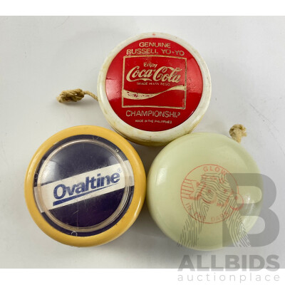 Three Vintage Yo-Yos Including Coca Cola Russell Championship, Ovaltine and  Glow in the Dark