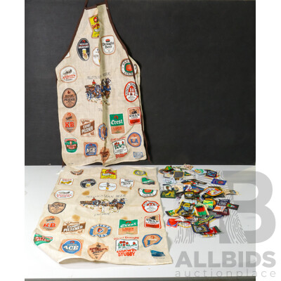 Collection of Vintage Fabric Badges with Australian Beers Tea Towel and Apron