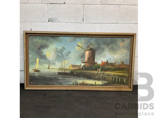 BAILLIE ''A River Landscape with Figures by a Windmill''  Oil on Boar70 X 130 Cm (frame)