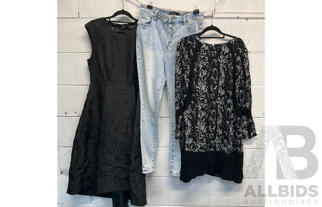 JAYSON BRUNSDOM Black Label Black Floral Jacquard Dress, FRENCH CONNECTION Patern Dress and DECJUBA Denim Jeans - Lot of 3