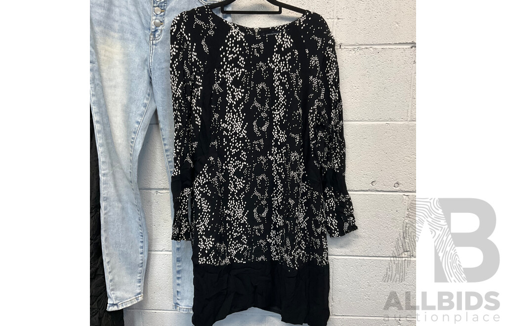 JAYSON BRUNSDOM Black Label Black Floral Jacquard Dress, FRENCH CONNECTION Patern Dress and DECJUBA Denim Jeans - Lot of 3