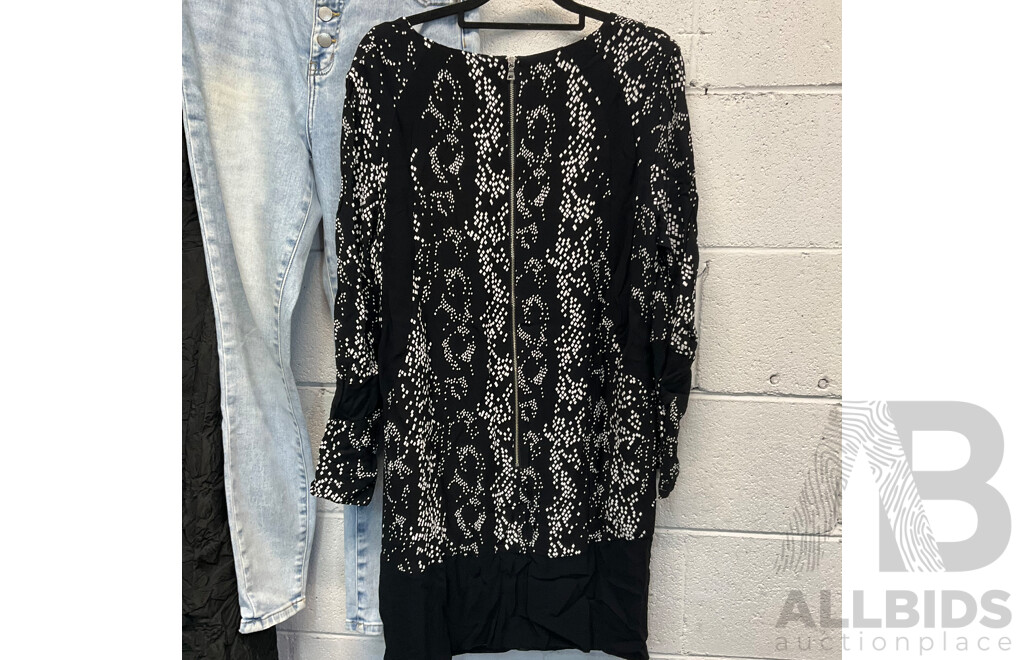 JAYSON BRUNSDOM Black Label Black Floral Jacquard Dress, FRENCH CONNECTION Patern Dress and DECJUBA Denim Jeans - Lot of 3