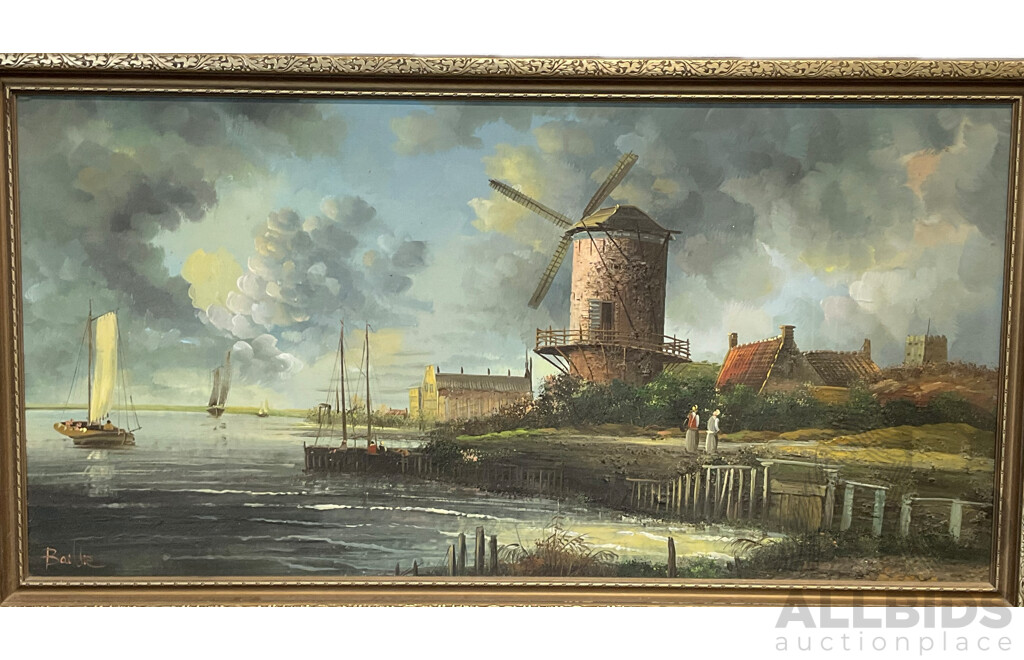 BAILLIE ''A River Landscape with Figures by a Windmill'' Oil on Boar70 X 130 Cm (frame)