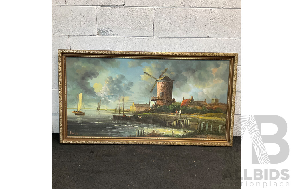 BAILLIE ''A River Landscape with Figures by a Windmill'' Oil on Boar70 X 130 Cm (frame)