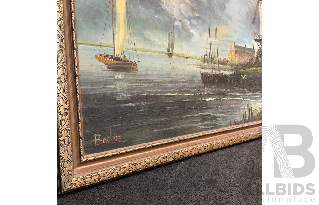BAILLIE ''A River Landscape with Figures by a Windmill'' Oil on Boar70 X 130 Cm (frame)