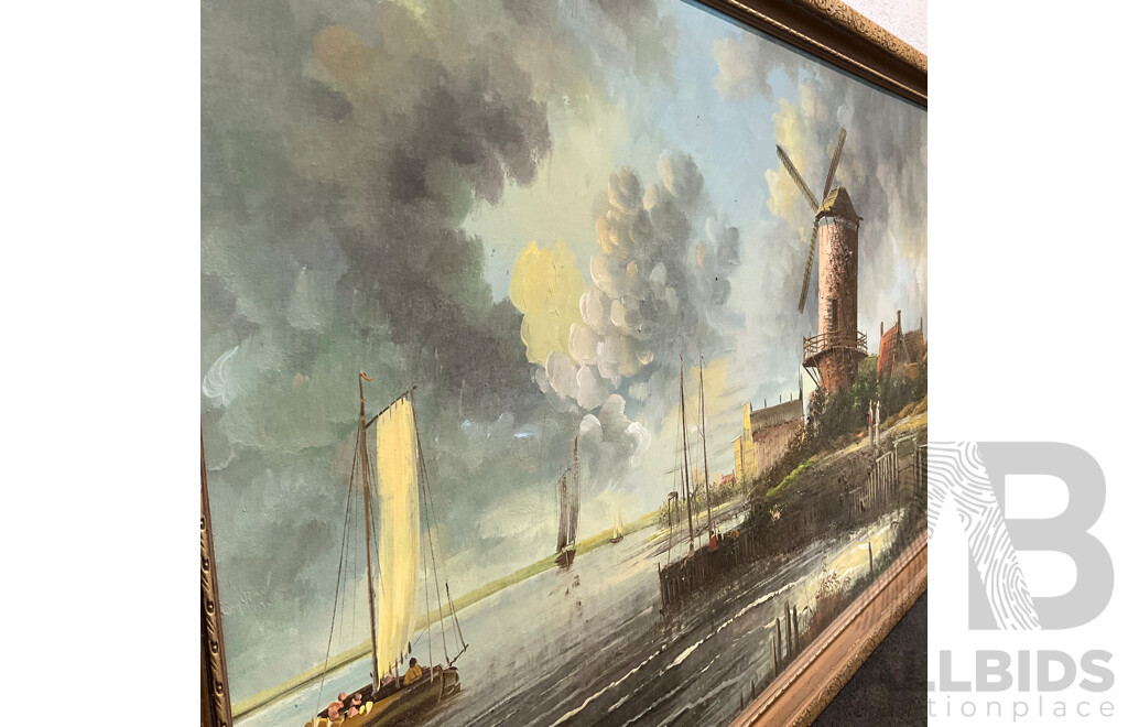 BAILLIE ''A River Landscape with Figures by a Windmill'' Oil on Boar70 X 130 Cm (frame)