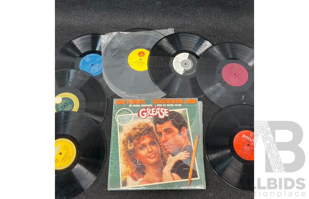 Collection of 8 Vintage Vinyl LP Records, Including ''Grease'' John Travolta and Olivia Newton-John and More