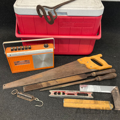 Vintage NATIONAL PANASONIC Cassette Recorder (RQ-416S), COLEMAN Cooler Esky and S Branding Iron and Assorted Vintage Woodworking Tools - Lot of 10