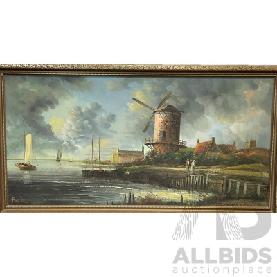 BAILLIE ''A River Landscape with Figures by a Windmill''  Oil on Boar70 X 130 Cm (frame)
