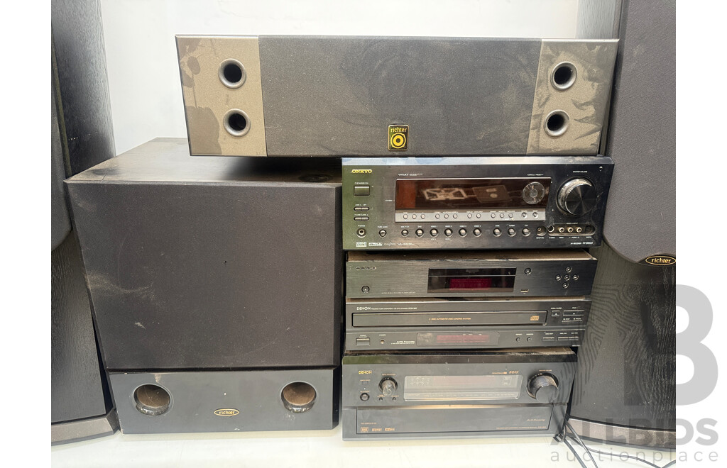 Home Stereo System - Onkyo TX-SR603 AV Receiver + Oppo Blu Ray Player + Denon 5 Disc Cd Player + Denon AVR-5800 + 4x Richter Tall Speakers