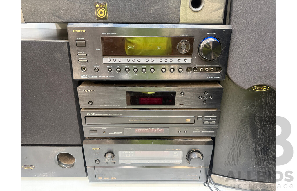 Home Stereo System - Onkyo TX-SR603 AV Receiver + Oppo Blu Ray Player + Denon 5 Disc Cd Player + Denon AVR-5800 + 4x Richter Tall Speakers