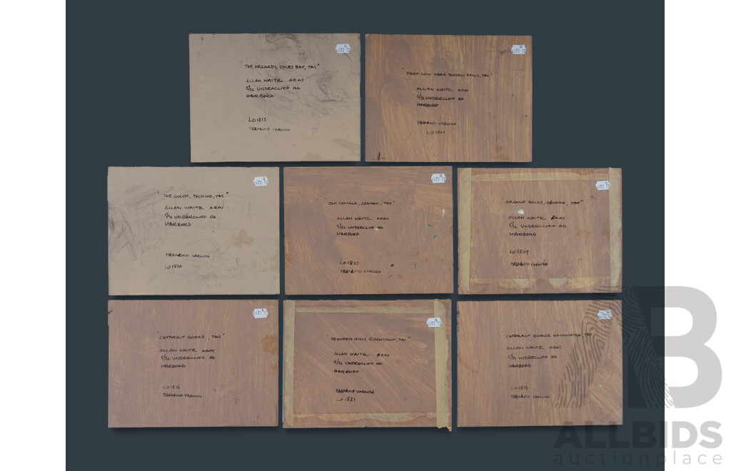 WAITE, Allan (1924-2010) (8) 'Cataract Gorge, Tasmania' and Seven Others, Original Watercolours on Board (8)