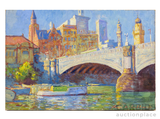 Louis McCubbin (20th Century. Australian. 1890-1952). Princes Bridge Towards Flinders Street, Melbourne (1931). Original Oil on Canvas. 51 H X 76 W Cm