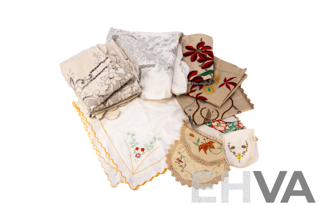 Lovely Collection of Ten Vintage Hand Embroidered Linens Including Three Tablecloths, Some Cushion Covers and Doilies (10)