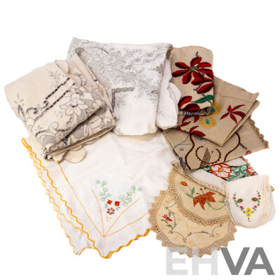 Lovely Collection of Ten Vintage Hand Embroidered Linens Including Three Tablecloths, Some Cushion Covers and Doilies (10)