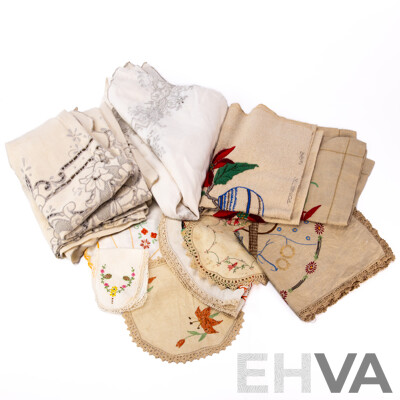 Lovely Collection of Ten Vintage Hand Embroidered Linens Including Three Tablecloths, Some Cushion Covers and Doilies (10)